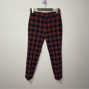 Zara Women's red navy tartan holiday straight leg trouser pants in size US 4